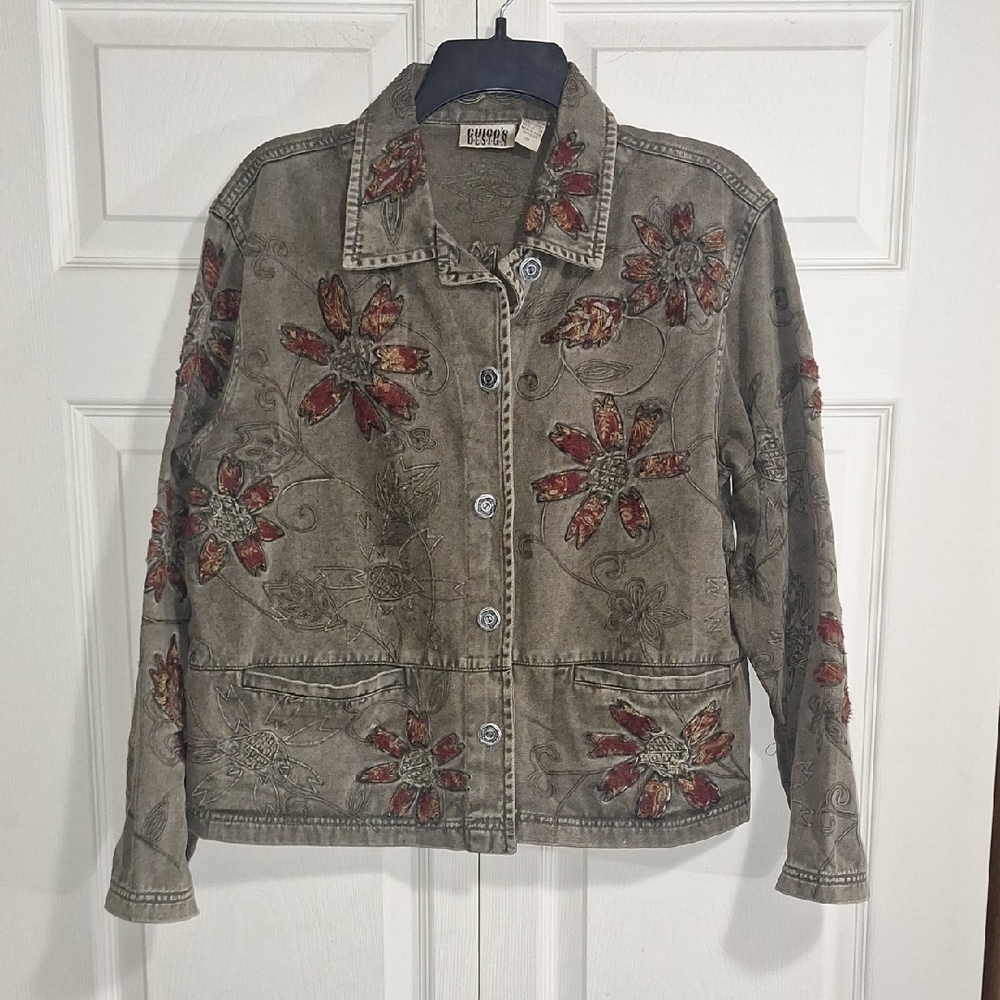 Vintage Chico's Jean Jacket - Army Green Brown Red Embroidered - Size 1